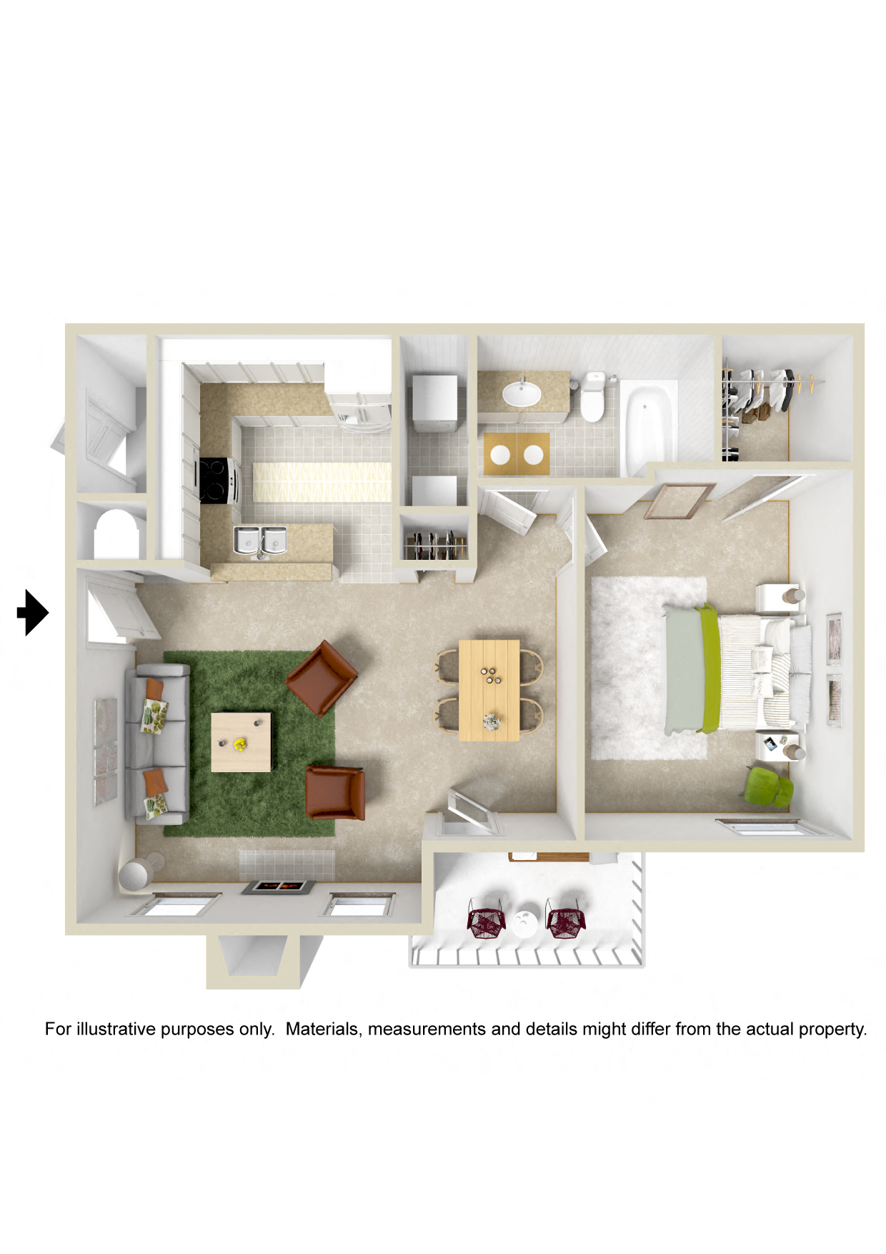 Floor plan for 1 bed, 1 bath, 789 sqft
